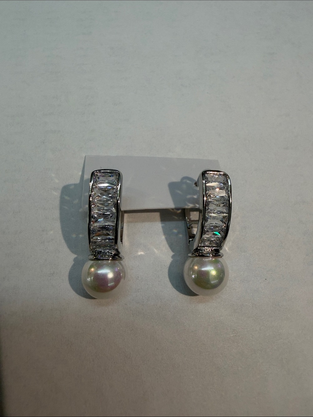 Classic Pearl Drop Silver Earrings with Clear Crystal Accents
